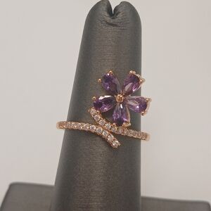 New 18k Rose Goldplated Purple Flower Ring With Parve Stones Size 5.75